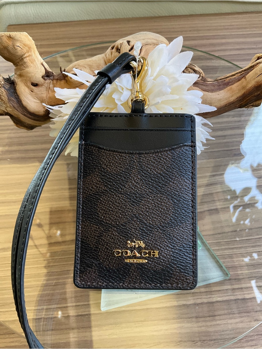 Coach Brown & Black Signature Card Holder Lanyard with Gold Hardware